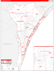 New Hanover County, NC Wall Map Zip Code Red Line Style 2024
